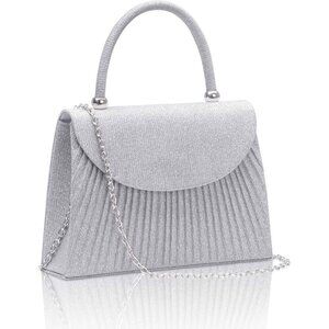 🆕Women’s Silver Glitter Top Handle Evening Handbag w/Chain Crossbody Purse